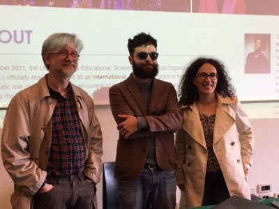 Gli organizzatori Marco Agostinelli di Fabriano Pro Musica Pierpaolo Chiaraluce e Ilaria Venanzoni, assessore alla Cultura
